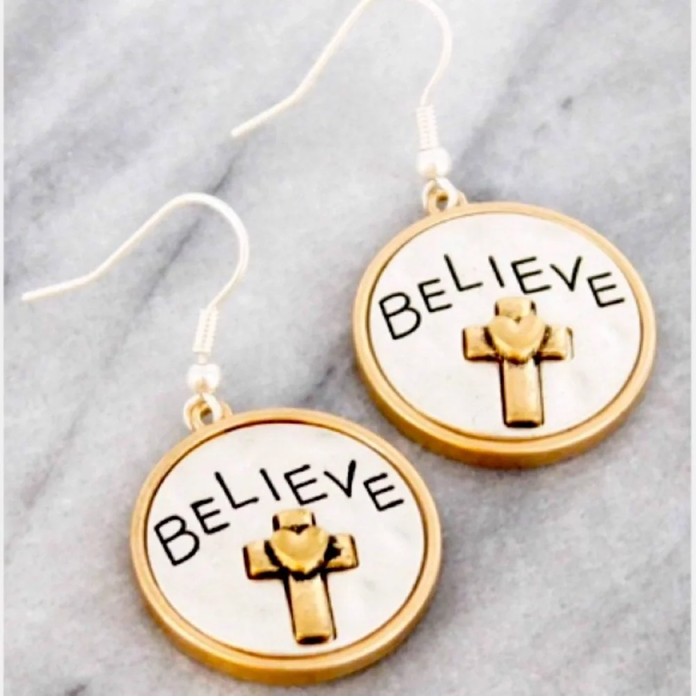 Worn Two-Tone “Believe” Circle Earrings